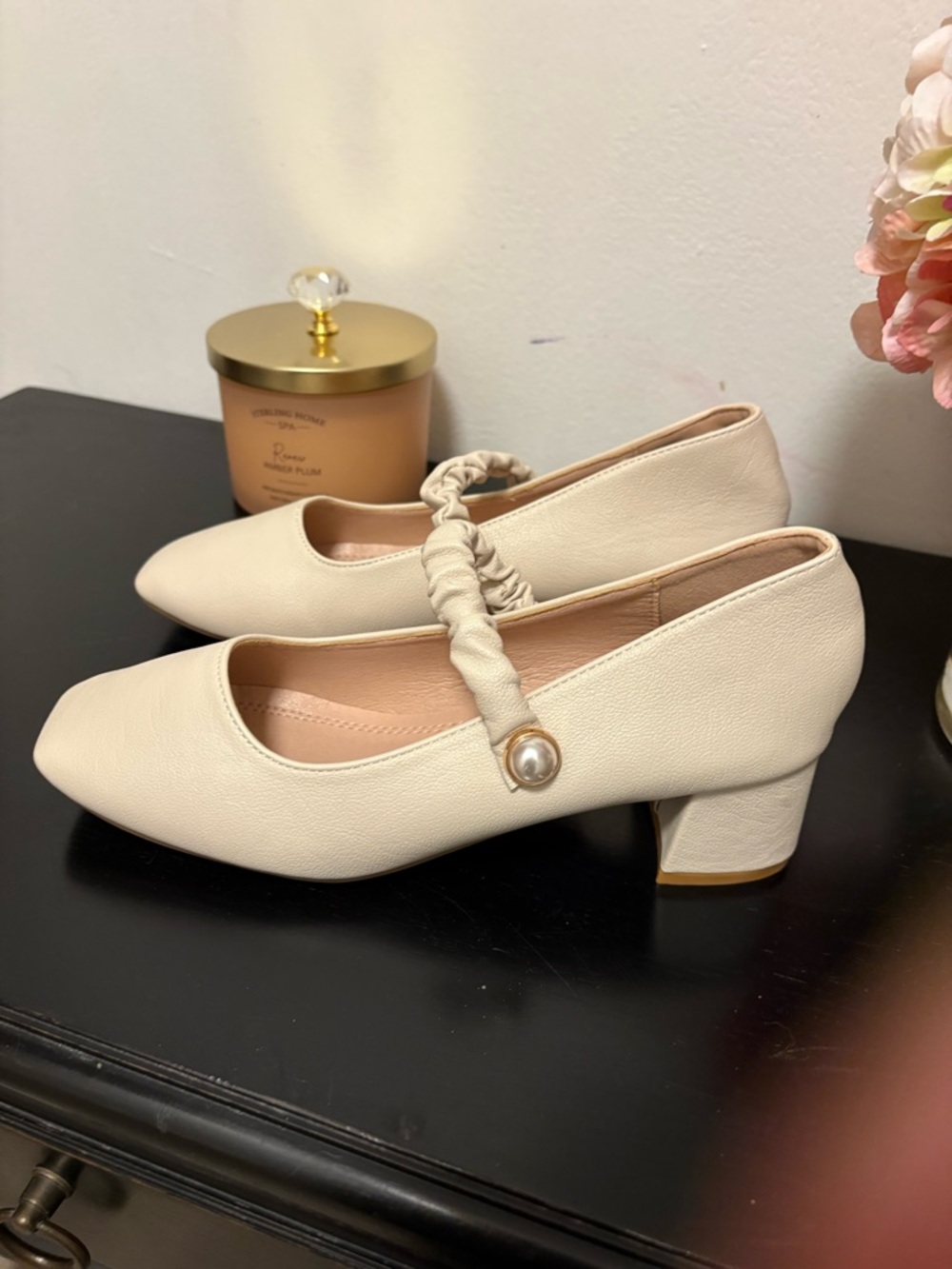 Classic Cream Mary Jane Block Heels with Pearl Strap